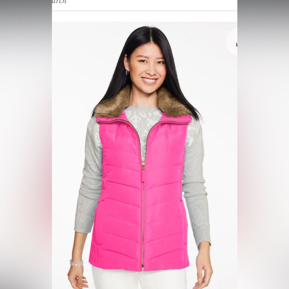 Talbots NWT Hot Pink Down Puffer Vest with Faux Fur Collar removable
